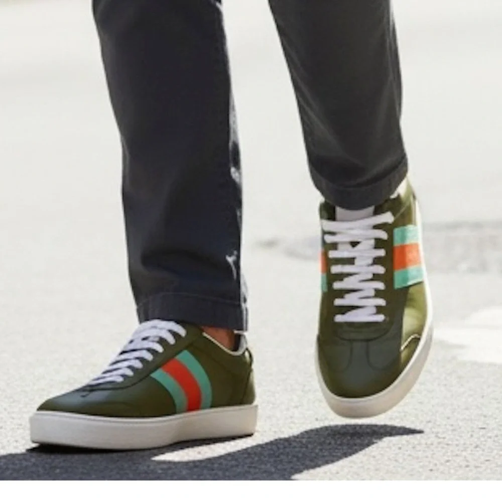 Gucci G74 Leather Sneakers Olive Green Blue Orange Web Stripe 858981 Mens UK 9.5